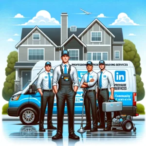 A professional LinkedIn image showcasing a team of pressure washing experts in front of their branded vehicle with a neighborhood backdrop.