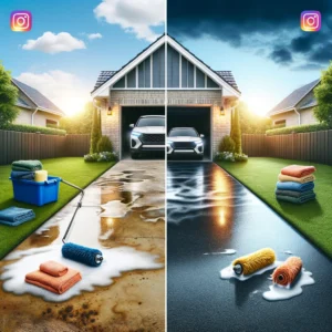 Instagram photo showing a split-screen comparison of a driveway: dirty and stained on one side, and perfectly clean on the other after pressure washing