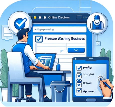 Illustration of a pressure washing contractor completing a profile on Finderify.com with a laptop, showcasing steps including form filling, image uploading, and receiving approval