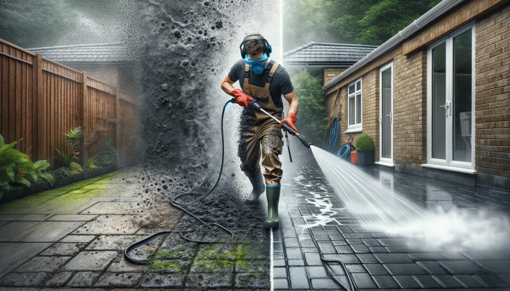 Pressure washing contractor at work, growing their customer base through Finderify.com directory