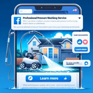 Illustration of a Facebook advertisement for a pressure washing service, featuring a high-pressure washer cleaning a home with 'Learn More' call-to-action button