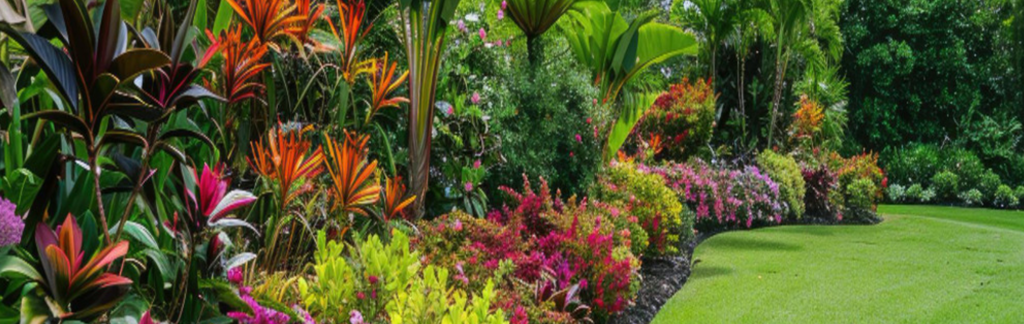 A vibrant garden filled with colorful plants alongside a brochure showcasing landscaping companies on Finderify.com.