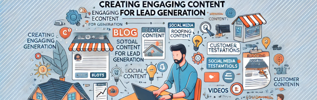 Illustration showing the process of creating engaging content for lead generation with a content creator writing a blog post about roofing services