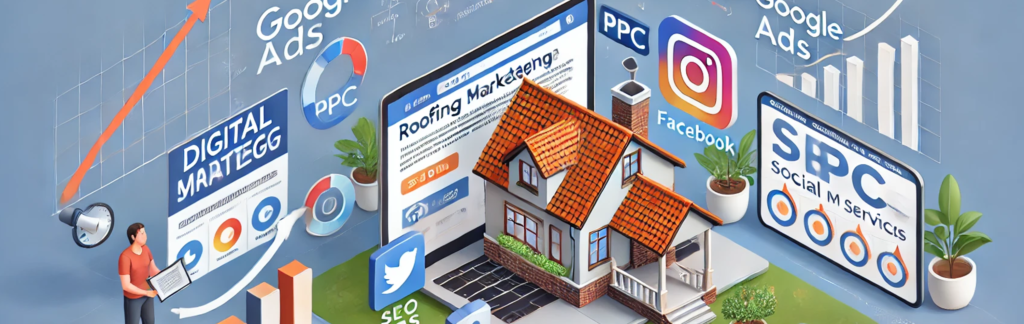 Illustration showing digital marketing strategy for a roofing company with a laptop, smartphone, and tablet displaying roofing services, social media ads, SEO, and PPC analytics