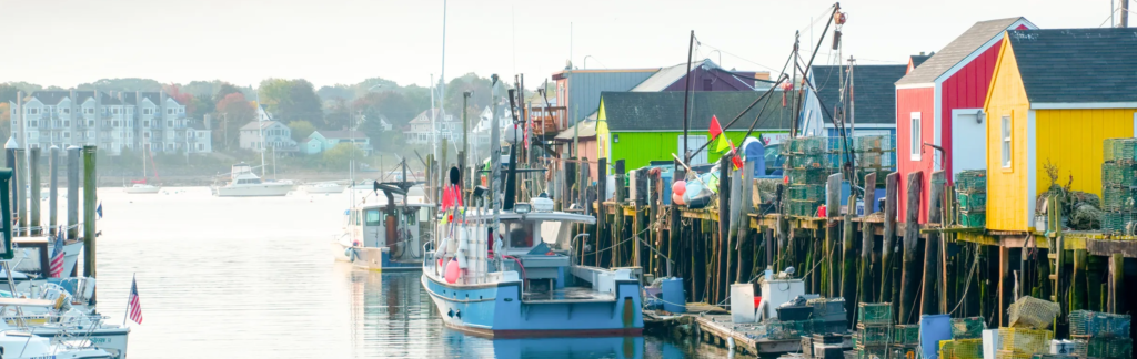 Colorful lobster boats docked in Portland Harbor, Maine.